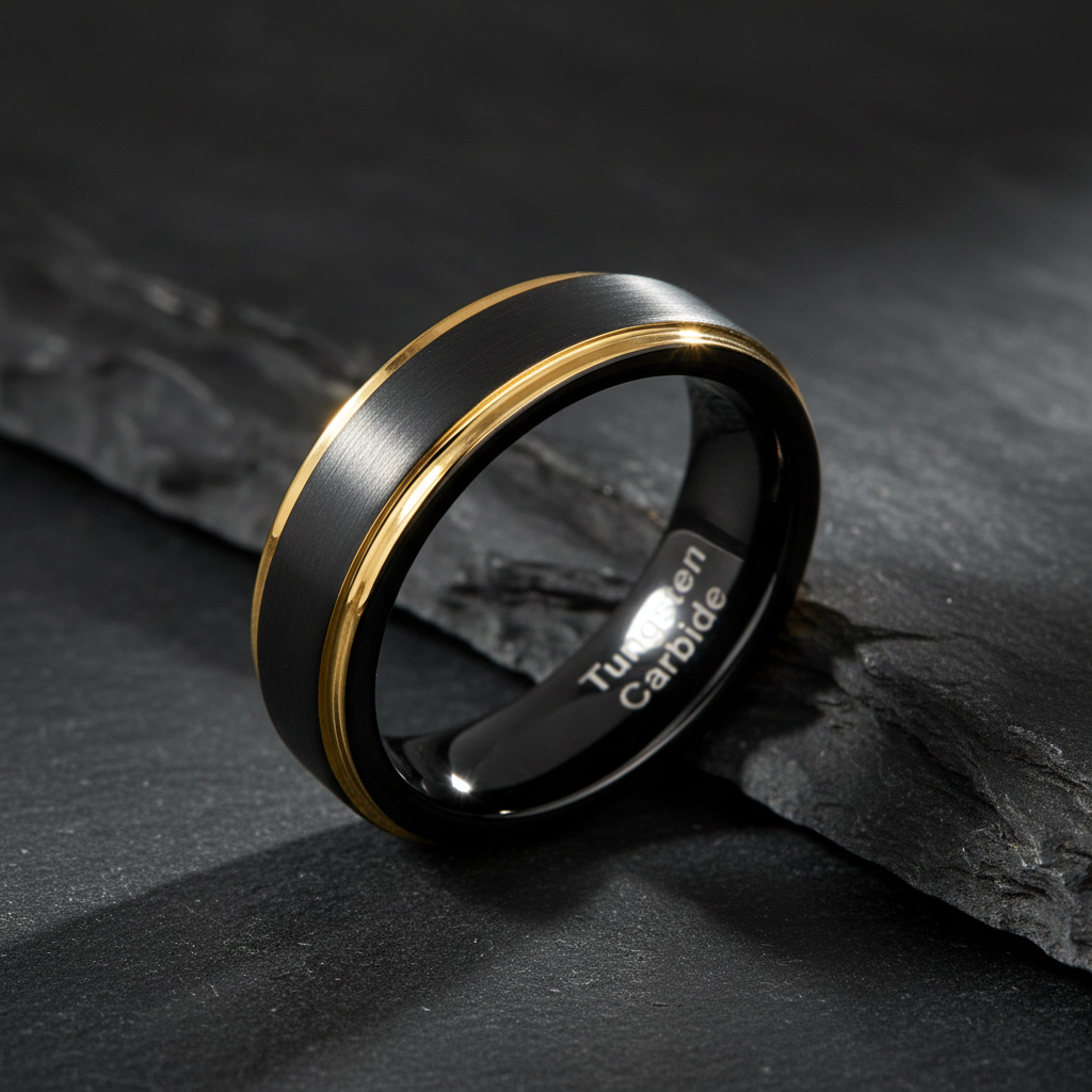 Black and Gold Satin Finish Tungsten Ring 6mm
