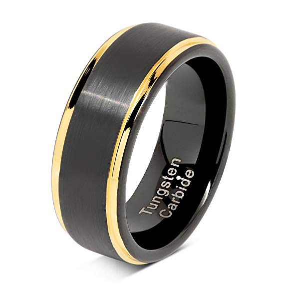 Black tungsten carbide ring with gold edge on a white background