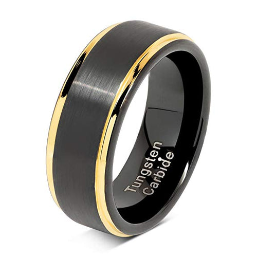 Black tungsten carbide ring with gold edge on a white background