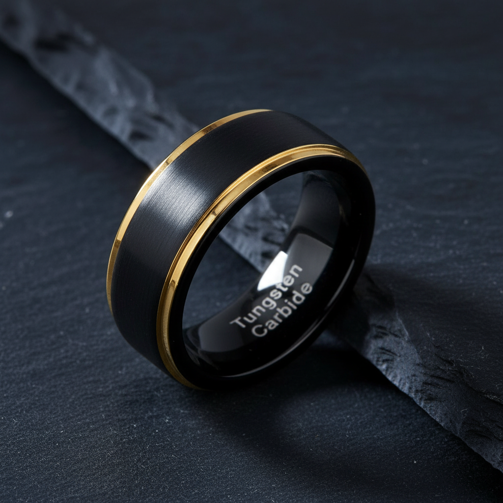 Black and Gold Satin Finish Tungsten Ring 8mm