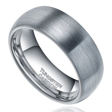 Silver tungsten carbide ring on a white background
