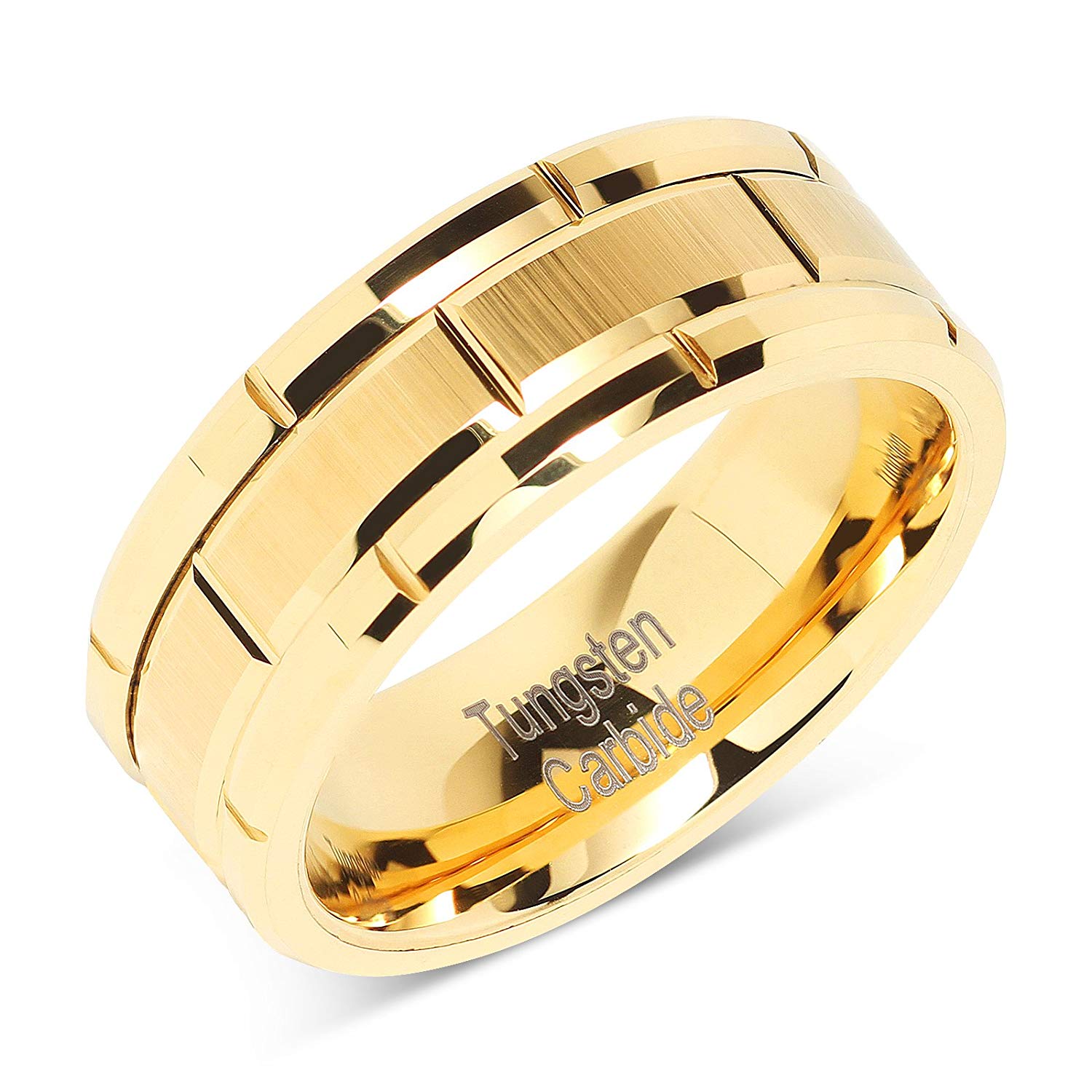 Gold Multi Beveled Brick 8mm Tungsten Ring