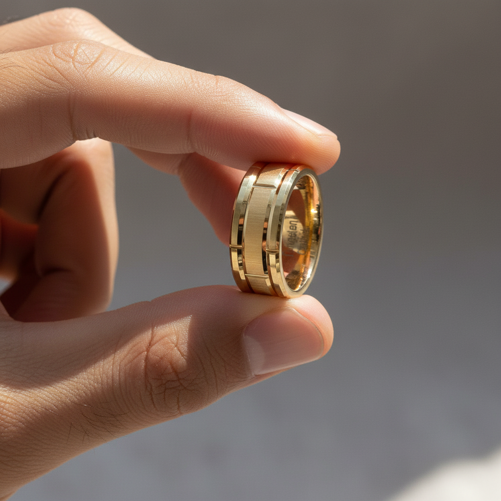 Gold Multi Beveled Brick 8mm Tungsten Ring