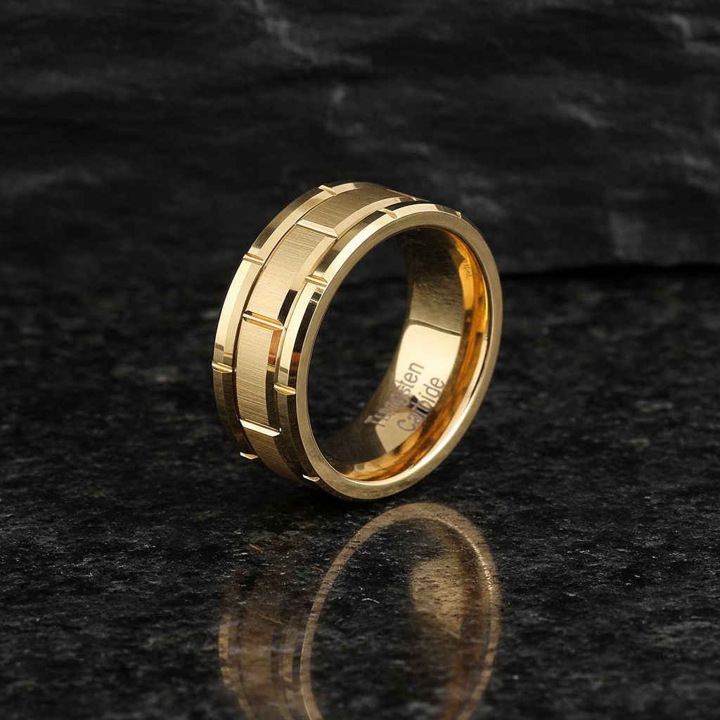 Gold Multi Beveled Brick 8mm Tungsten Ring