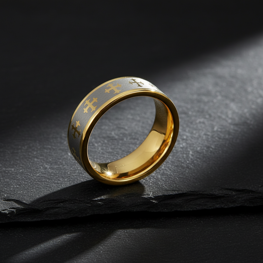 Angel Gold Tungsten Ring with Crosses 8mm