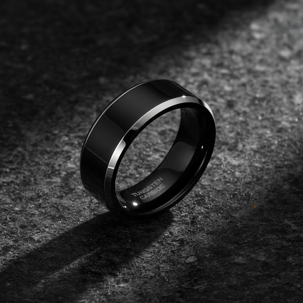 Genno Black Beveled Tungsten Carbide Ring 8mm