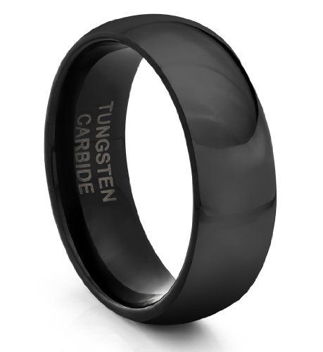 Black tungsten 8mm domed carbide ring on a white background