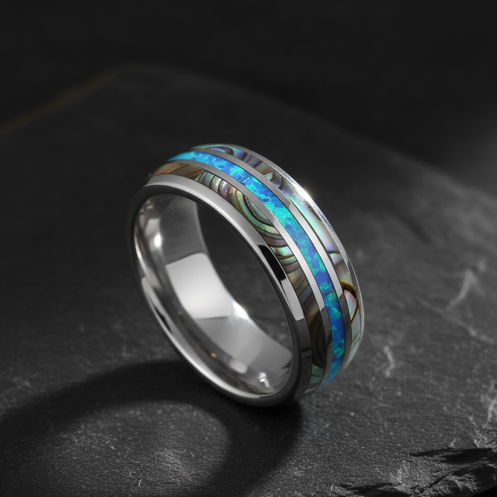 Abalone Tungsten Ring with Opal Center 8mm