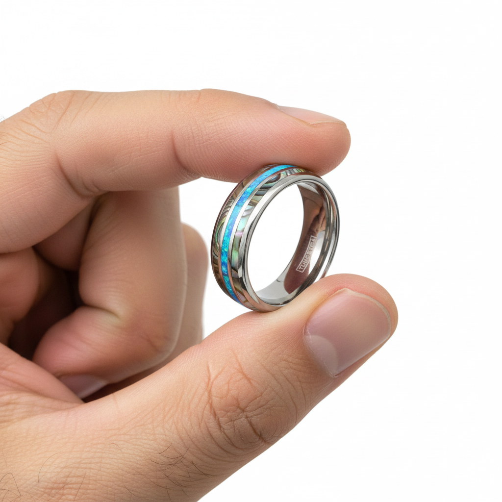 Abalone Tungsten Ring with Opal Center 8mm