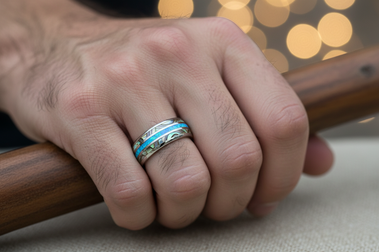 Abalone Tungsten Ring with Opal Center 8mm