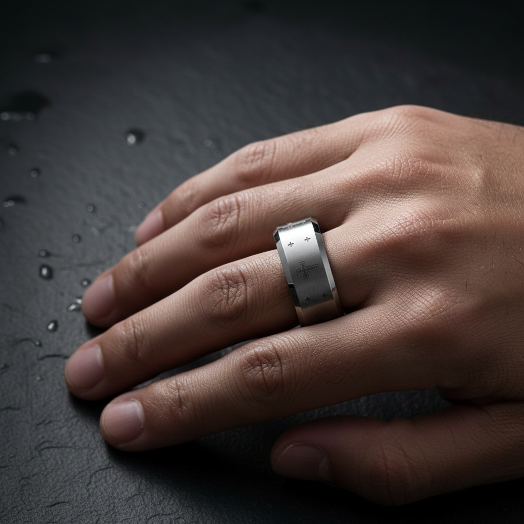 Alexio Tungsten Cross 8mm Beveled Tungsten Ring