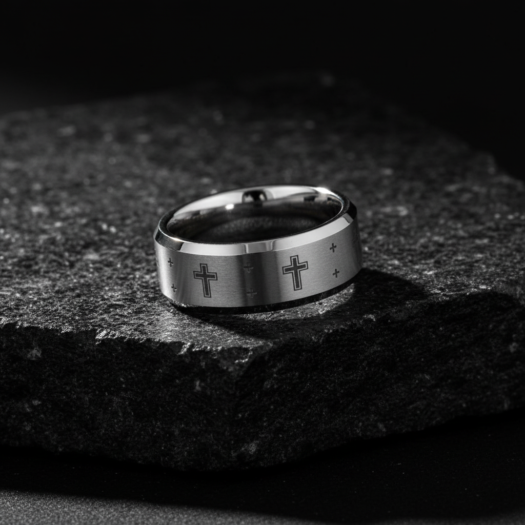 Alexio Tungsten Cross 8mm Beveled Tungsten Ring