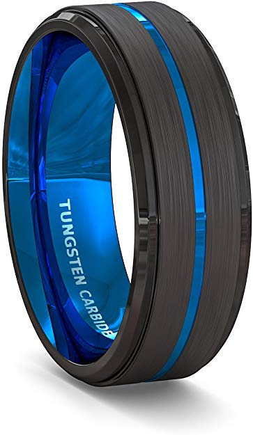 Cypress Blue and Black Beveled Tungsten Ring 8mm