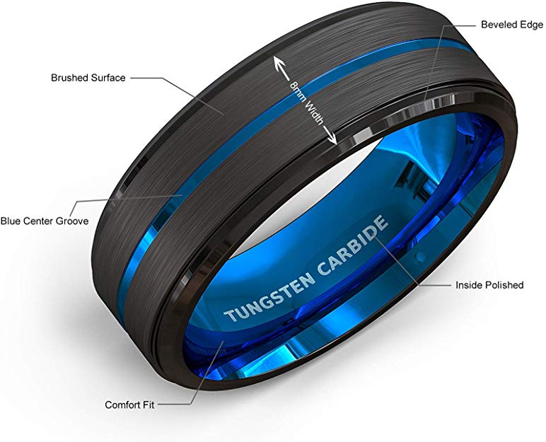Cypress Blue and Black Beveled Tungsten Ring 8mm