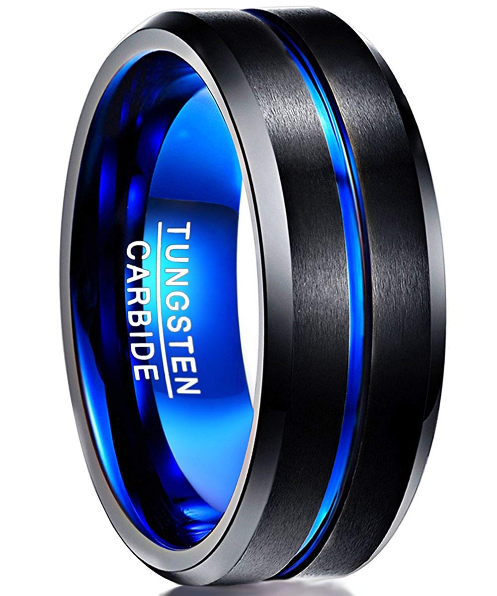 Cypress Blue and Black Beveled Tungsten Ring 8mm