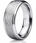 A silver-toned tungsten carbide ring with a textured, etched Celtic knot pattern on the outer band, shown on a clean white background with a soft reflection.