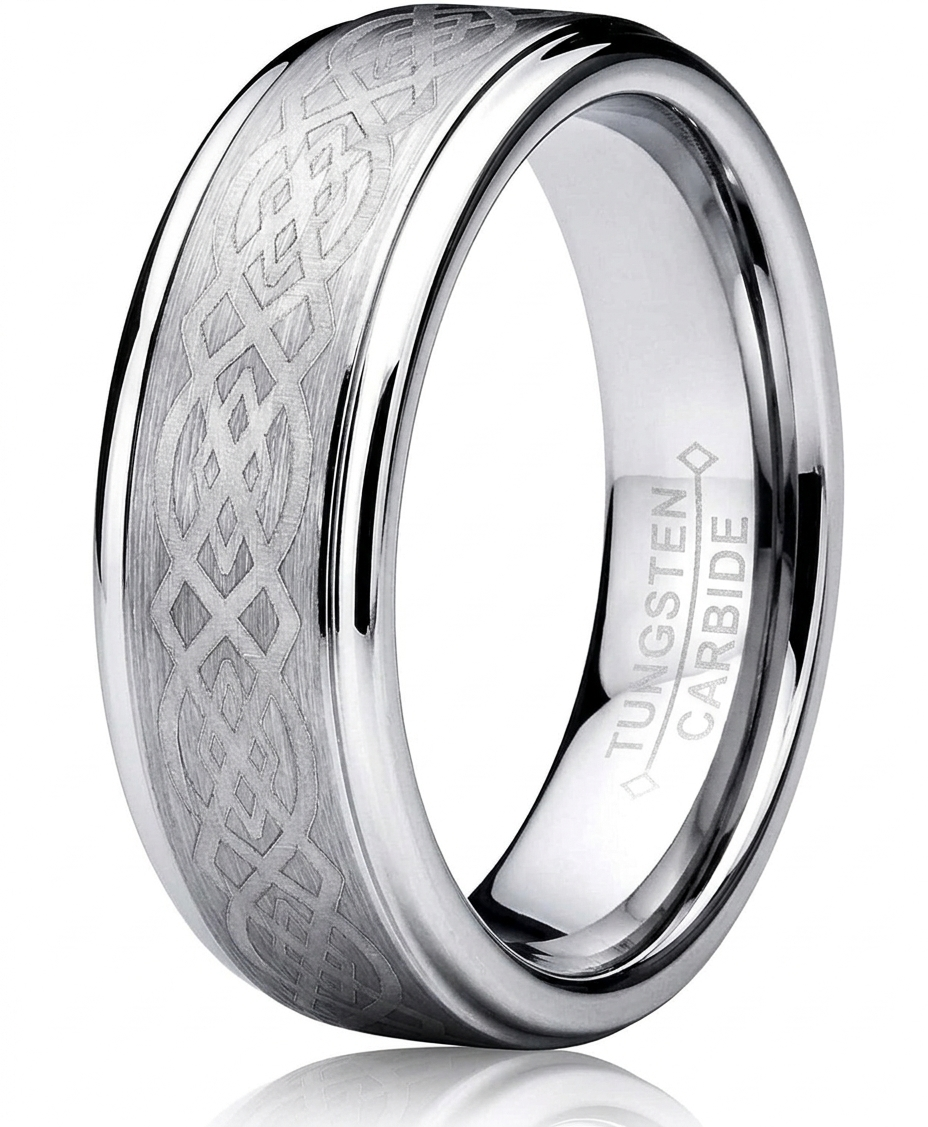 A silver-toned tungsten carbide ring with a textured, etched Celtic knot pattern on the outer band, shown on a clean white background with a soft reflection.