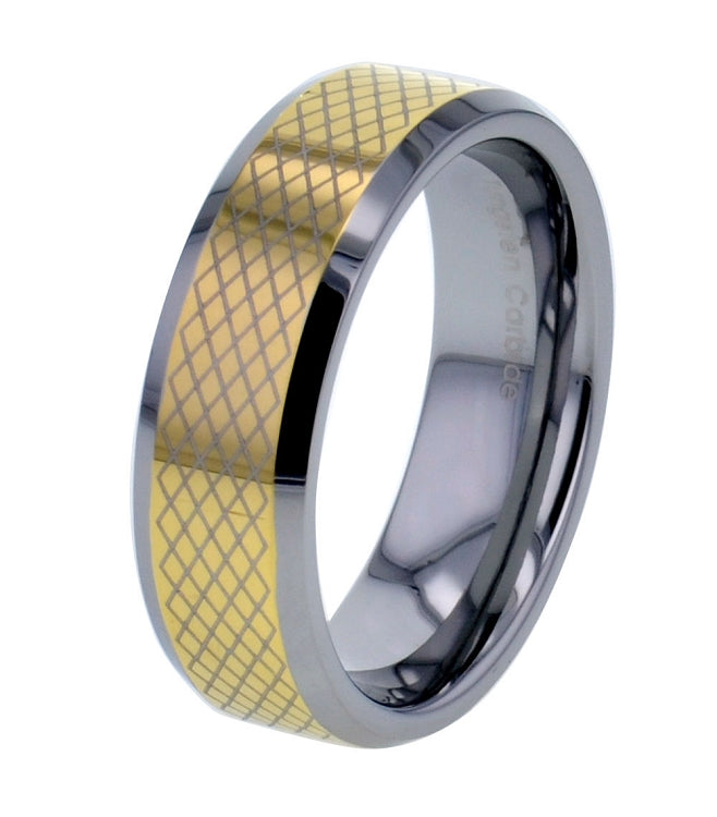 Gold Beveled Checker Board 8mm Checkerboard Tungsten Ring