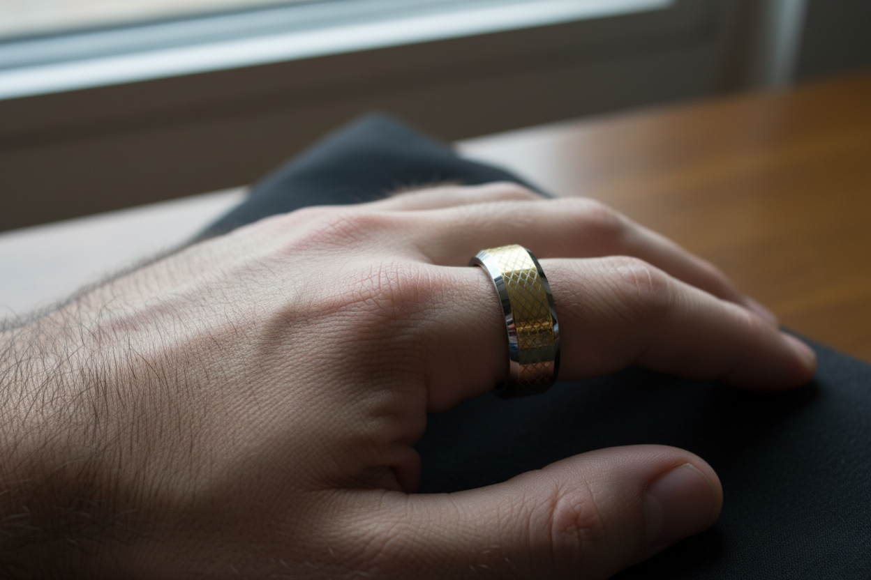 Gold Beveled Checker Board 8mm Checkerboard Tungsten Ring