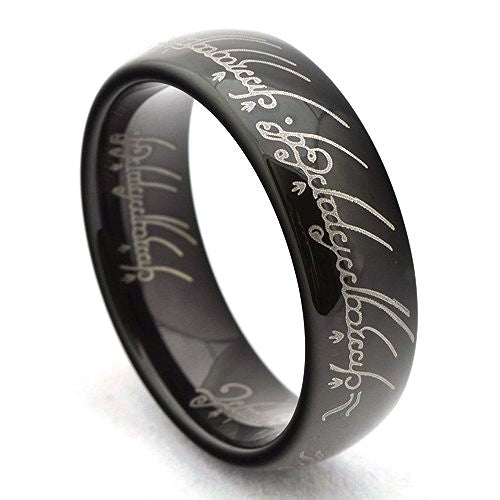 Black lord of the rings ring with engraved text on a white background