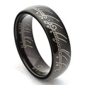 Black lord of the rings ring with engraved text on a white background