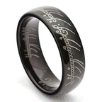 Black lord of the rings ring with engraved text on a white background