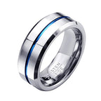 Silver ring with a blue stripe on a white background