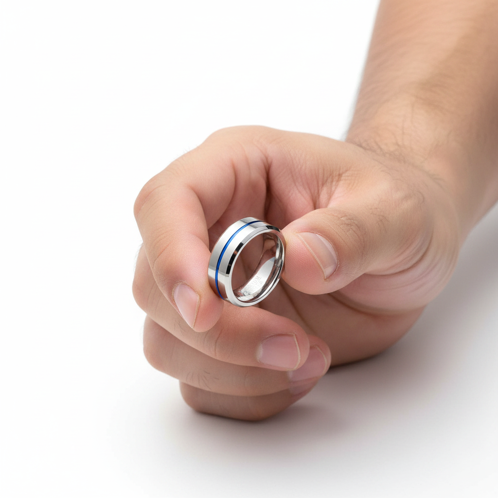 Mia Silver and Blue 8mm Tungsten Carbide Ring
