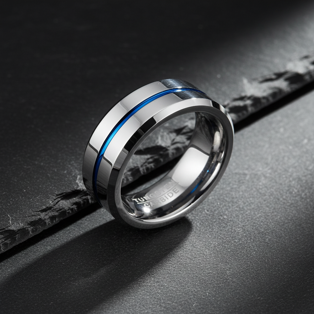 Mia Silver and Blue 8mm Tungsten Carbide Ring