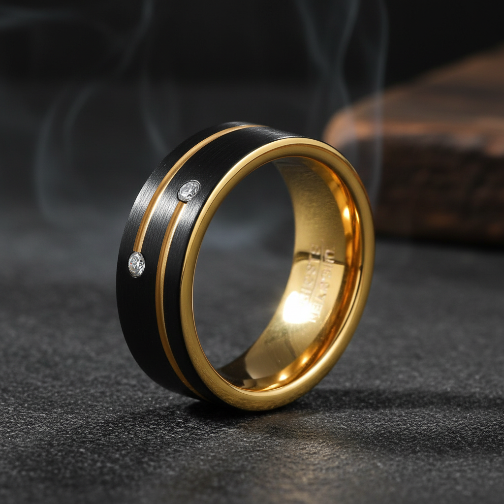 Coda Black Tungsten Ring with Gold Lines and Two Stones 8mm