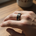 Coda Black Tungsten Ring with Gold Lines and Two Stones 8mm
