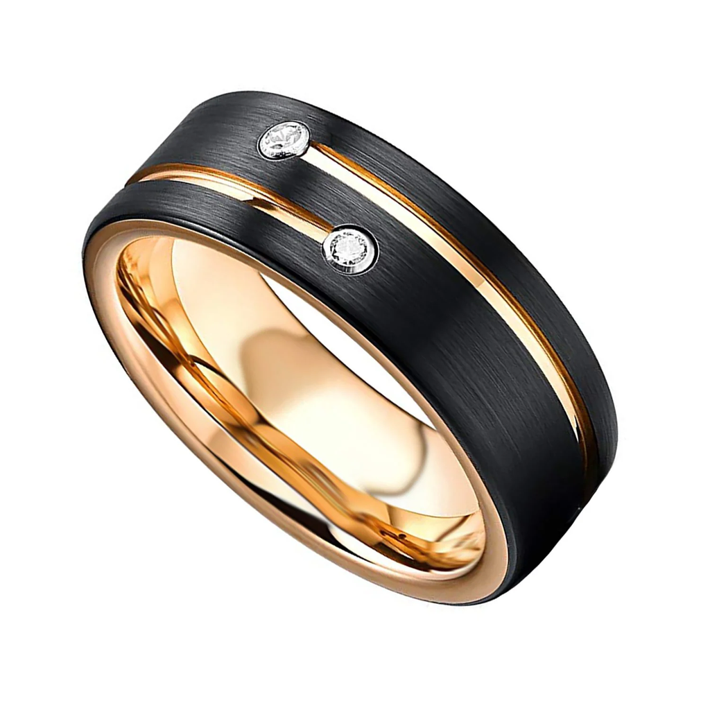 Coda Black Tungsten Ring with Gold Lines and Two Stones 8mm