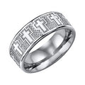 Silver ring with intricate design of crosses on a white background