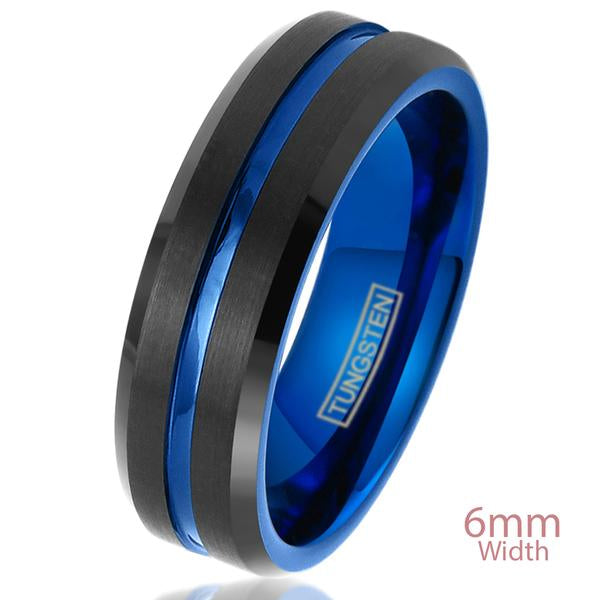 Tungsten ring with black and blue band on a white background