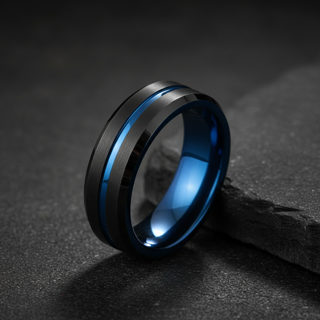 Cypress Blue and Black Beveled Tungsten Ring 6mm
