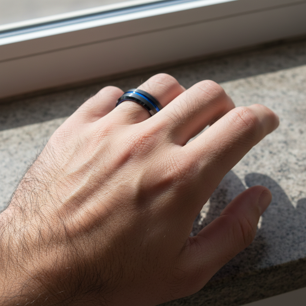 Cypress Blue and Black Beveled Tungsten Ring 6mm