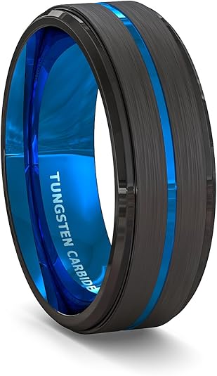 Cypress Blue and Black Beveled Tungsten Ring 8mm