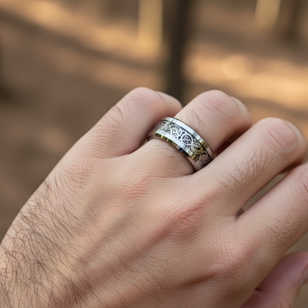 Silver ring with intricate Celtic knot design on a white background