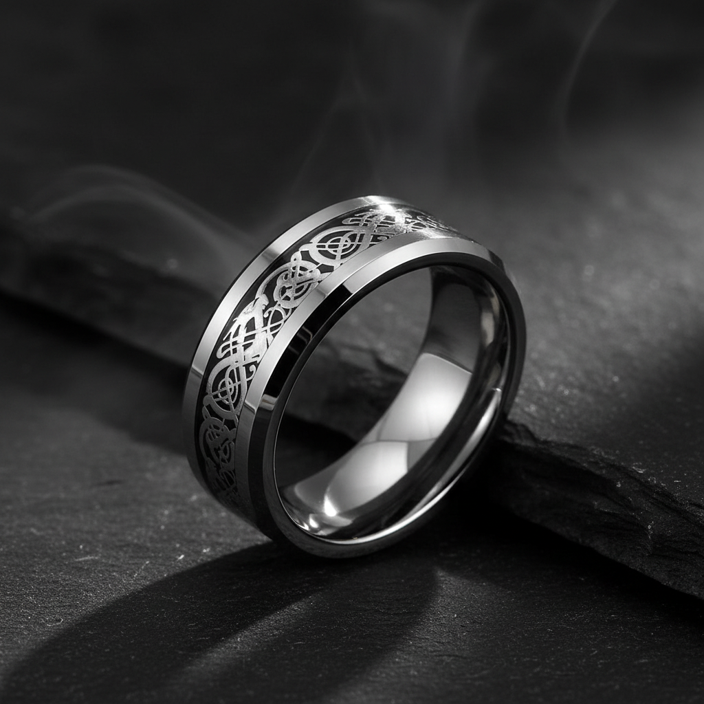 Silver ring with intricate Celtic knot design on a white background