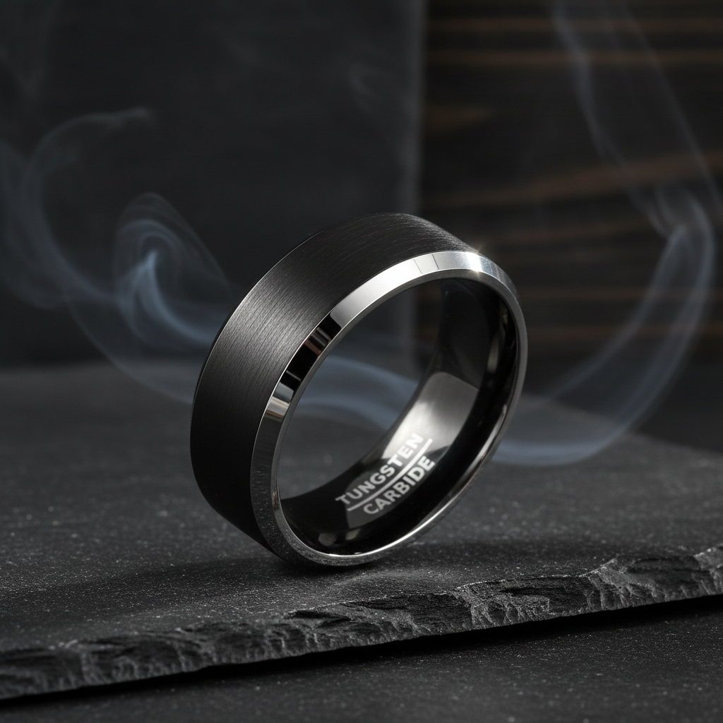 Genno Black Beveled Tungsten Carbide Ring 8mm Matte Finish