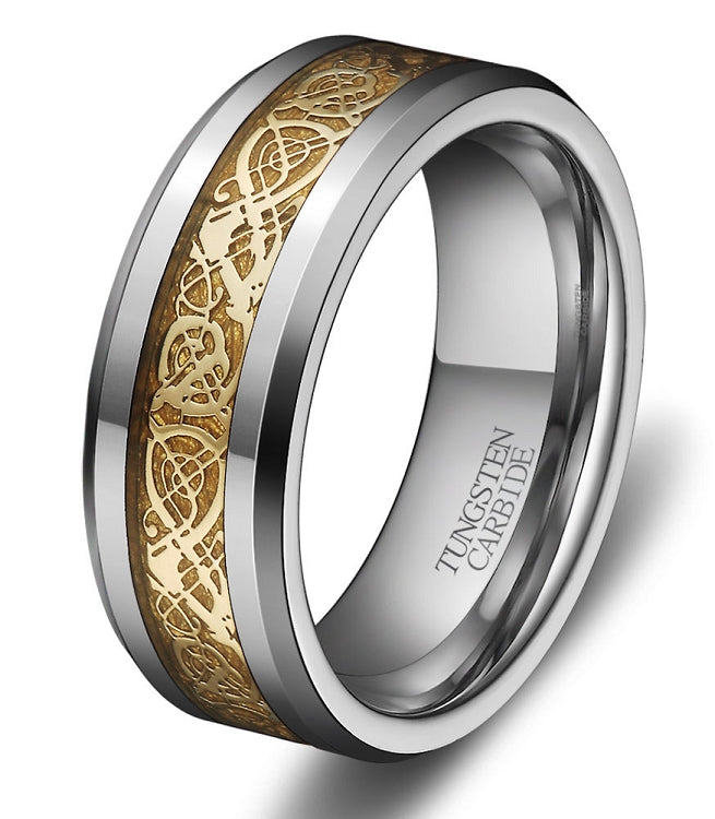 Tungsten carbide ring with gold inlay on a white background