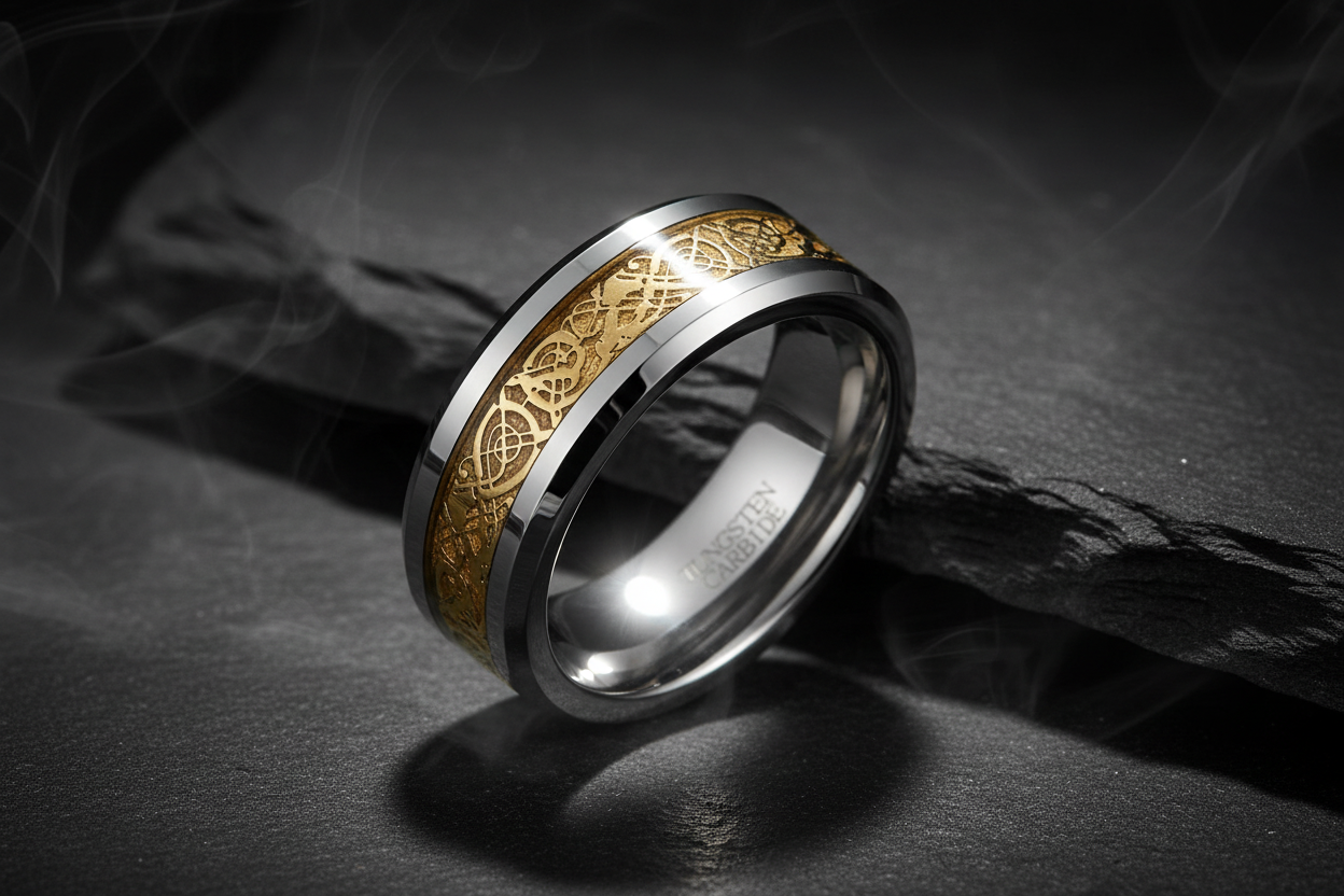 Gold Dragon Lucky 8 Beveled Tungsten Carbide Ring 8mm