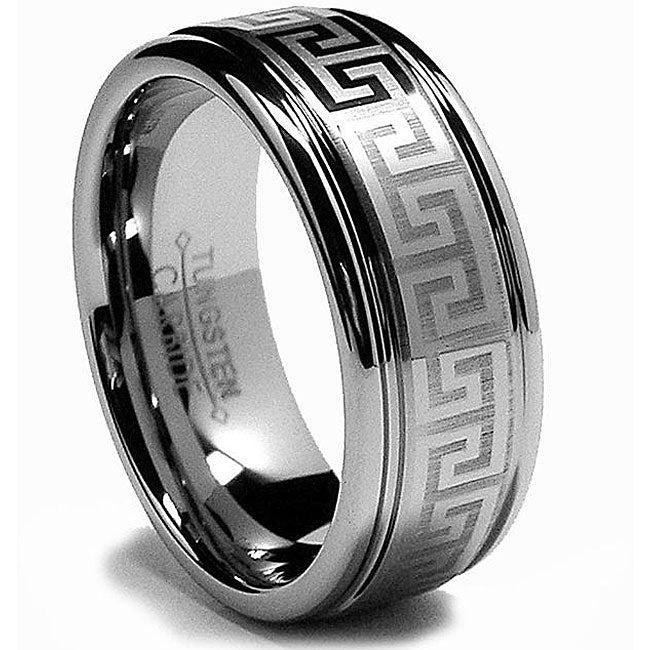 Tungsten ring with Greek key design on a white background
