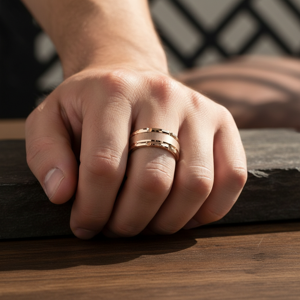 Rose gold brick pattern tungsten ring on a hand