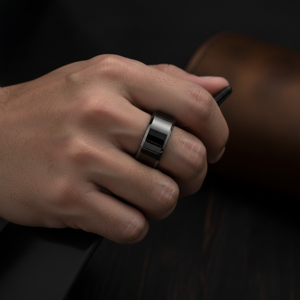 Black beveled tungsten carbide ring 8mm on a man's hand