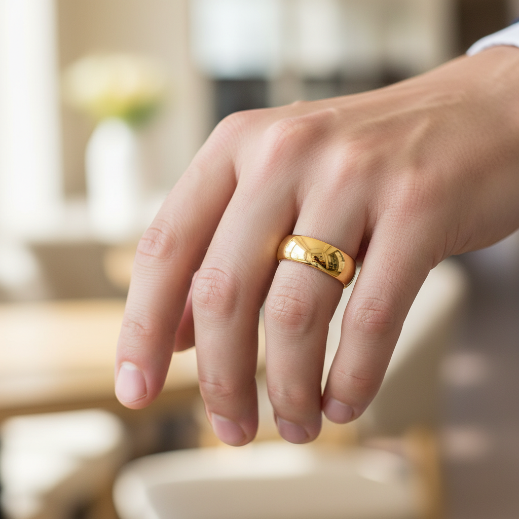 Gold classic tungsten carbide ring 8mm on a man's hand