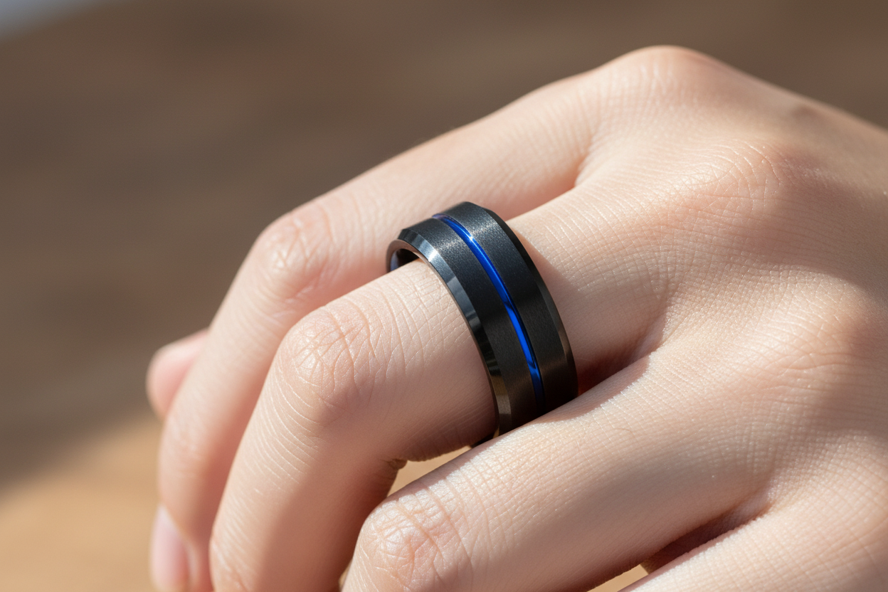 Cypress Blue and Black Beveled Tungsten Ring 8mm worn on a hand