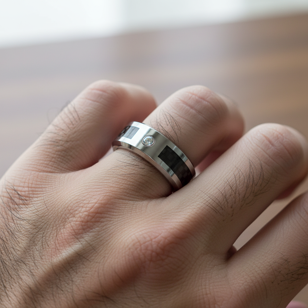 Black Tungsten Carbon Fiber Ring with Stone 8mm