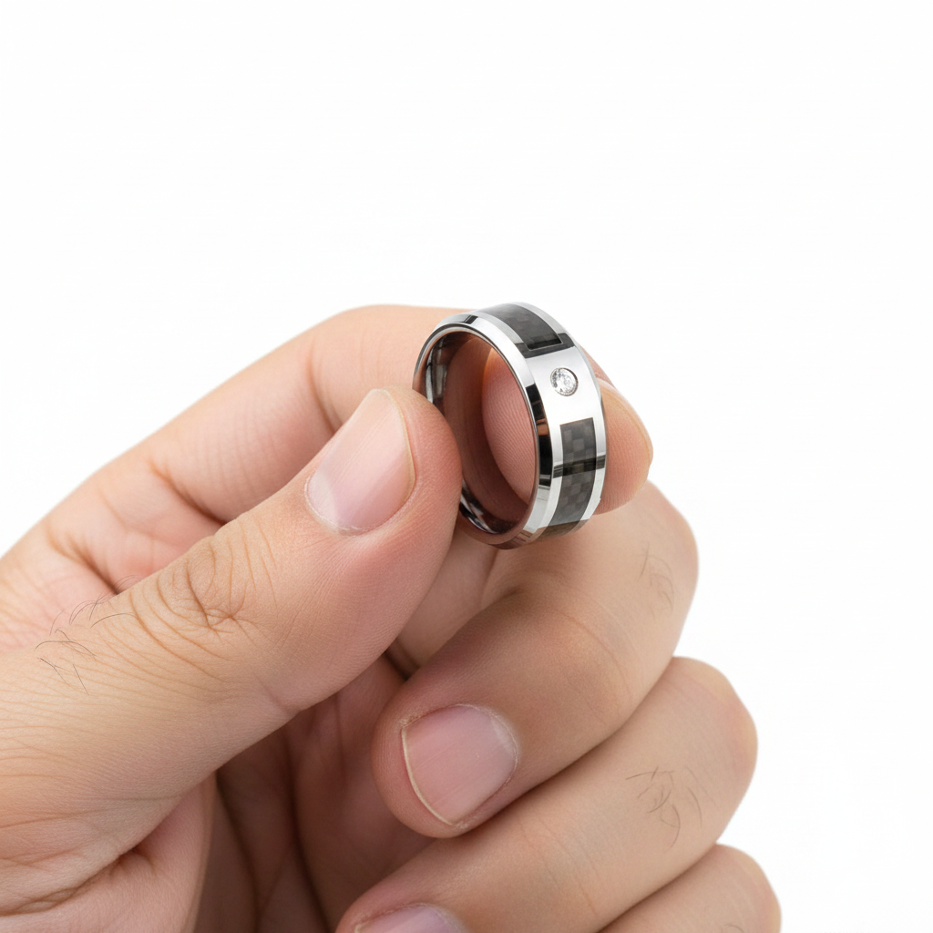 Black Tungsten Carbon Fiber Ring with Stone 8mm