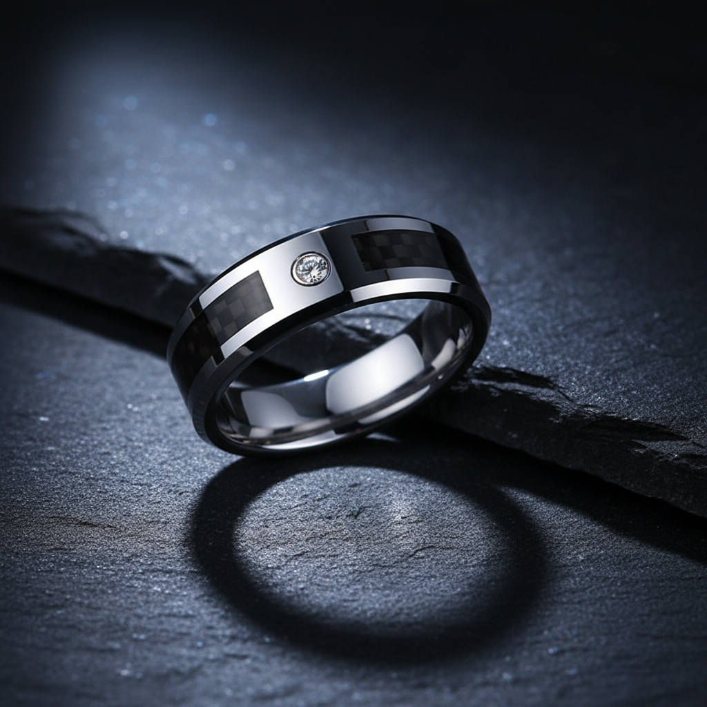 Black Tungsten Carbon Fiber Ring with Stone 8mm